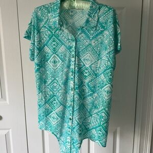 Kim Gravel, Turquoise Patterned Button-Front Women’s Top